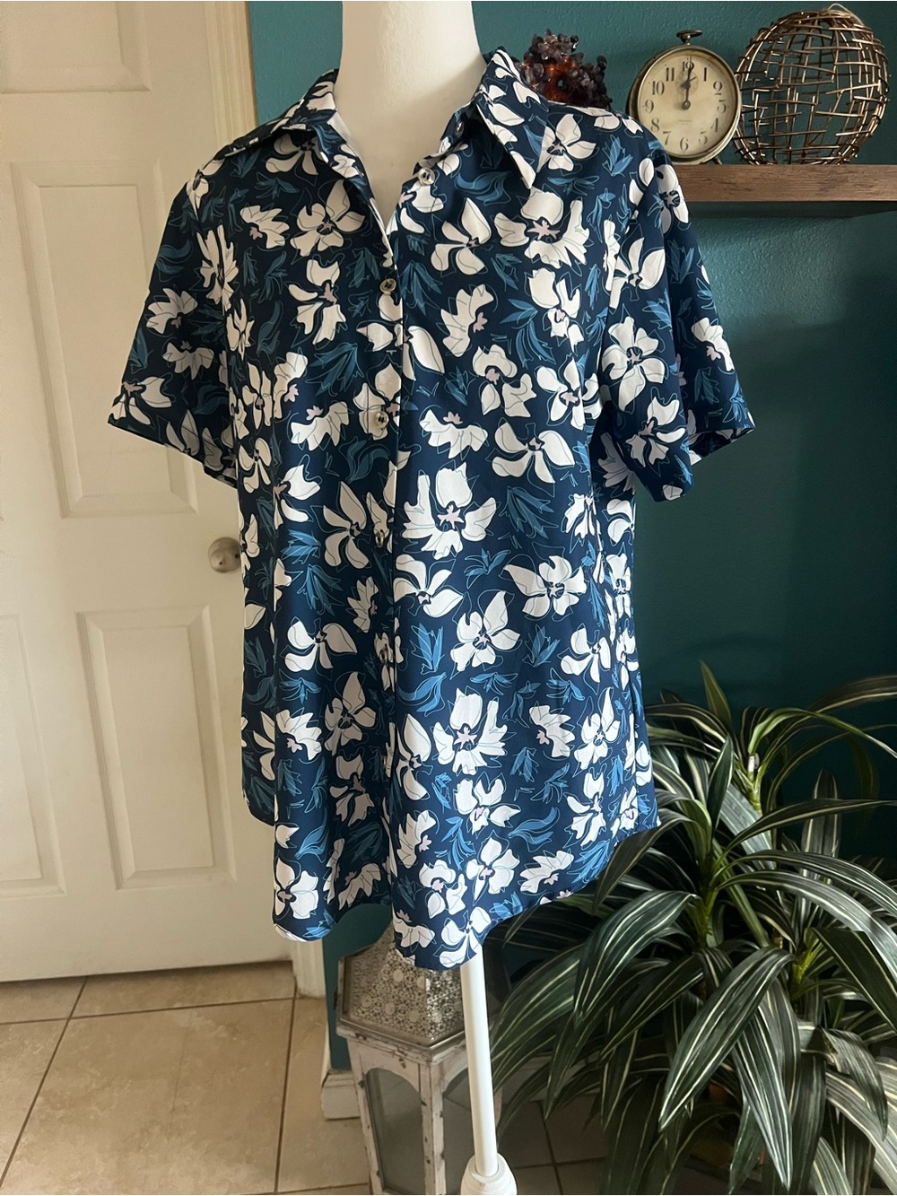Women’s Navy Blue Floral Button-Down Shirt